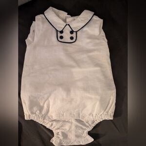 Linen/cotton White Baby Romper with Navy Trim
